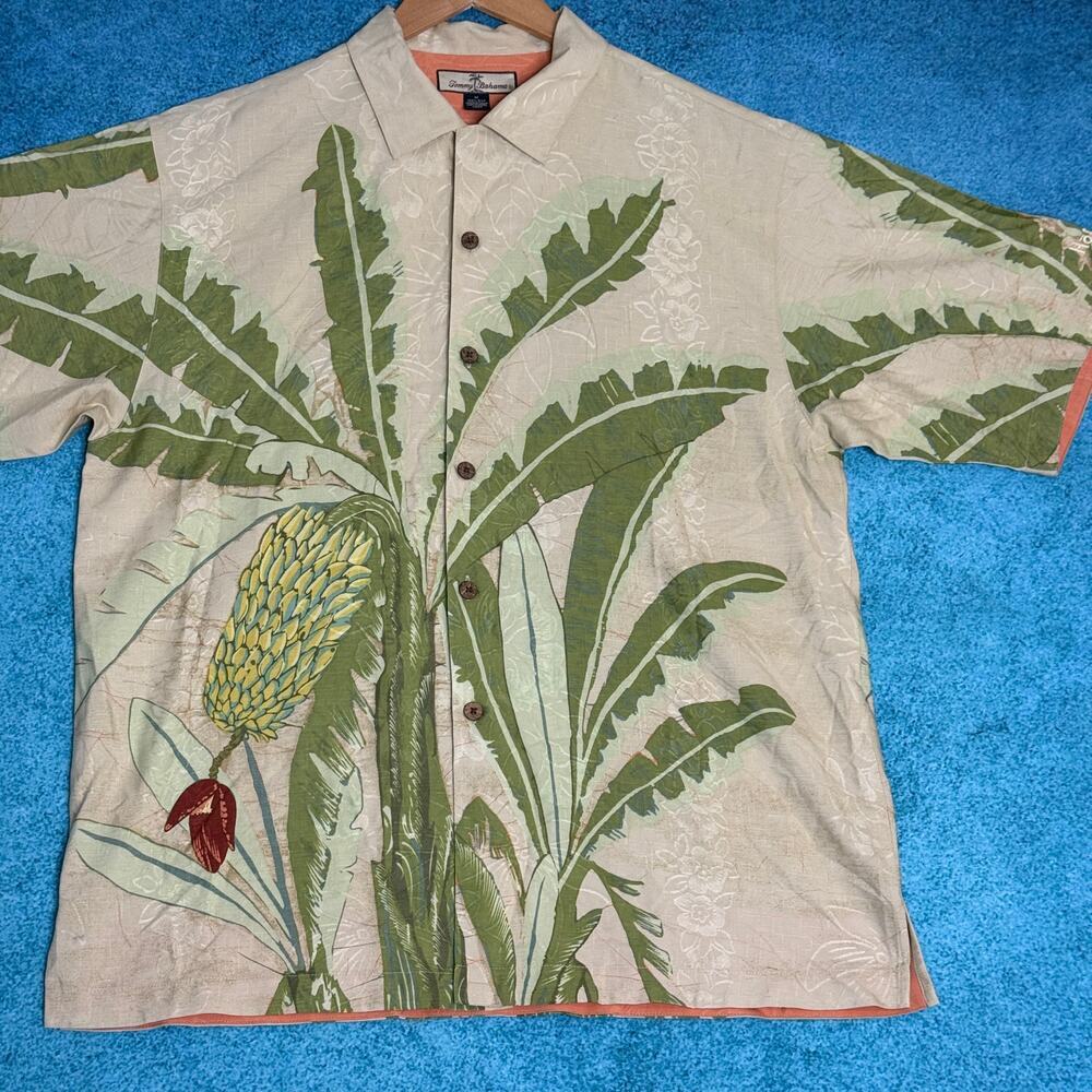 Tommy Bahama Silk Shirt Men’s M Beige Green Floral VTG Button Up Casual Aloha - Picture 3 of 16